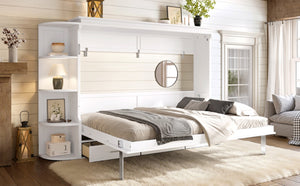 English Elm Queen Murphy Wall Bed with Side Cabinets Open Shelving and Drawers for Studio Rooms White W1580S00452