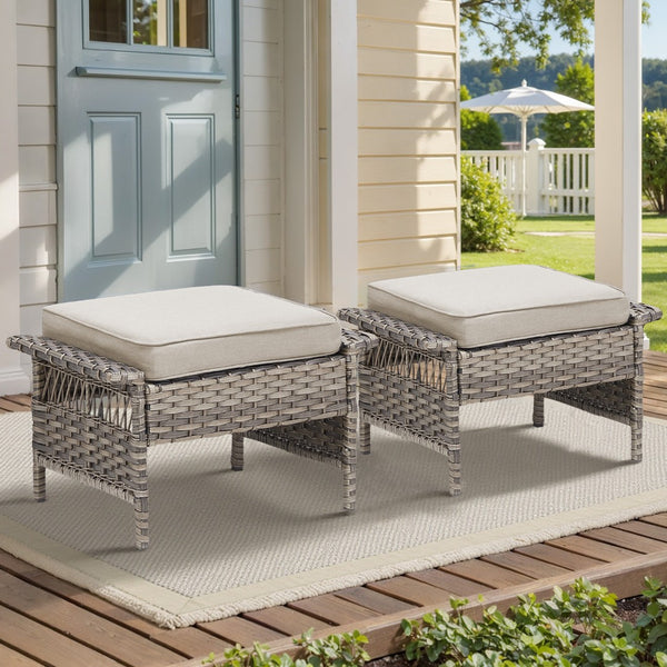 English Elm Outdoor Handwoven Pe Wicker Ottoman Set Patio Footrests with Weather Resistant Cushions Beige T3773P416510