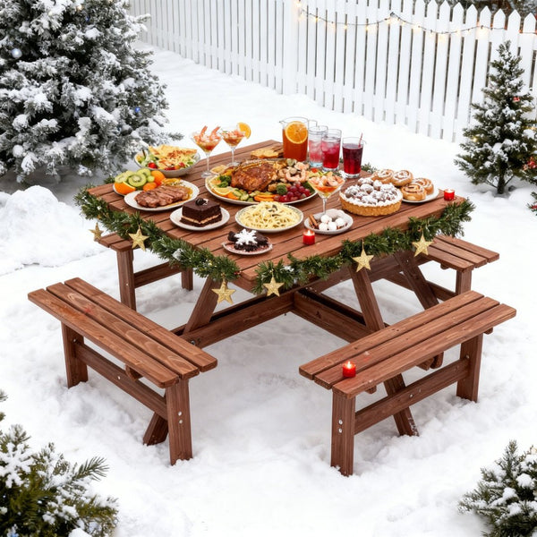 English Elm 8-person Square Wood Picnic Table with Umbrella Hole Reinforced Outdoor Dining Set W1422P392906