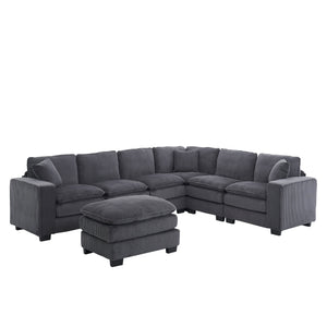 English Elm Modern U Shaped 6-Seat Sectional Sofa with Ottoman and 3 Toss Pillows, Corduroy Modular Comfort and Durable Frame Grey W2363S00041