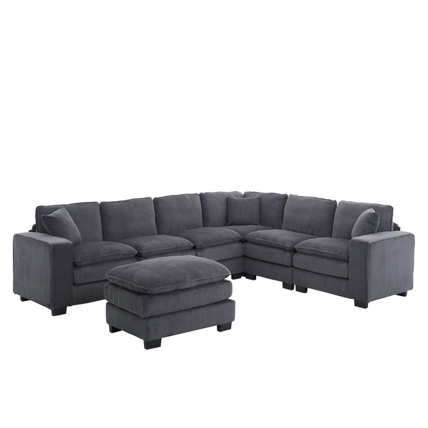 English Elm Modern U Shaped 6-Seat Sectional Sofa with Ottoman and 3 Toss Pillows, Corduroy Modular Comfort and Durable Frame Grey W2363S00041