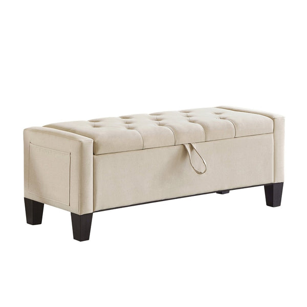 English Elm Ottoman Storage Bench Tufted Linen Upholstered Entryway Seat with Lift Top Shelf Beige W2186P465442