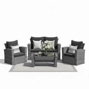 English Elm 4-piece Outdoor Wicker Conversation Set with Tempered Glass Table and Resort Style Black+Brown B082S00058