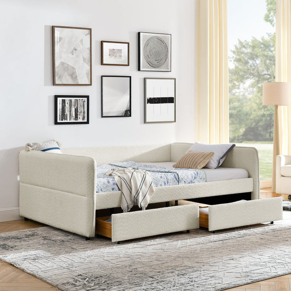 English Elm Daybed With Trundle And Storage Drawers, Upholstered In Beige Boucle, Queen Size For Stylish Comfort W1413S00074