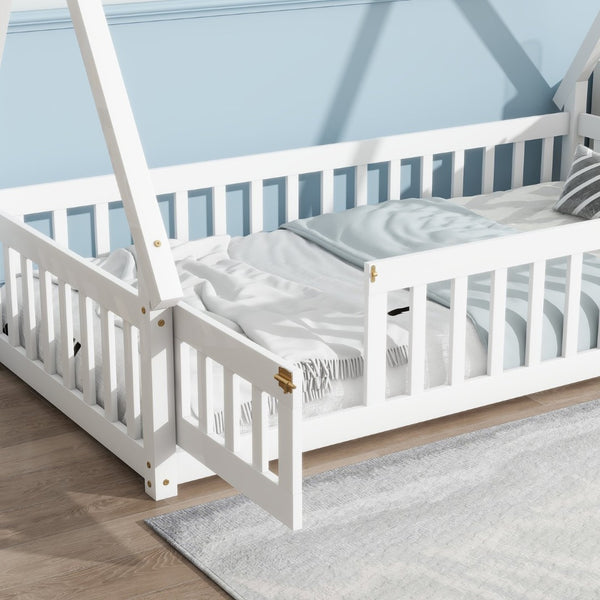 English Elm Twin Teepee Floor Bed With Guardrails - Whimsical White Design For Cozy Child'S Room Decor W504P345781-GIGA