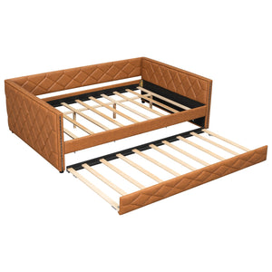 English Elm Full XL Upholstered Daybed with Trundle and Built-In LED Lighting, Tufted Arms, Solid Wood Frame Brown N7090000611D