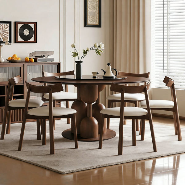 English Elm 59-inch Solid Oak Wabi-sabi Round Dining Set 6 Chairs Lazy Susan Japanese Craft W2700S00137