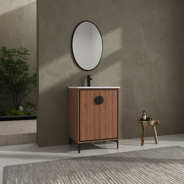English Elm 24'' Modern Brown Bathroom Vanity with Drop-In Ceramic Sink, Engineered Wood, Soft-Close Doors, Ample Storage W1972S00001