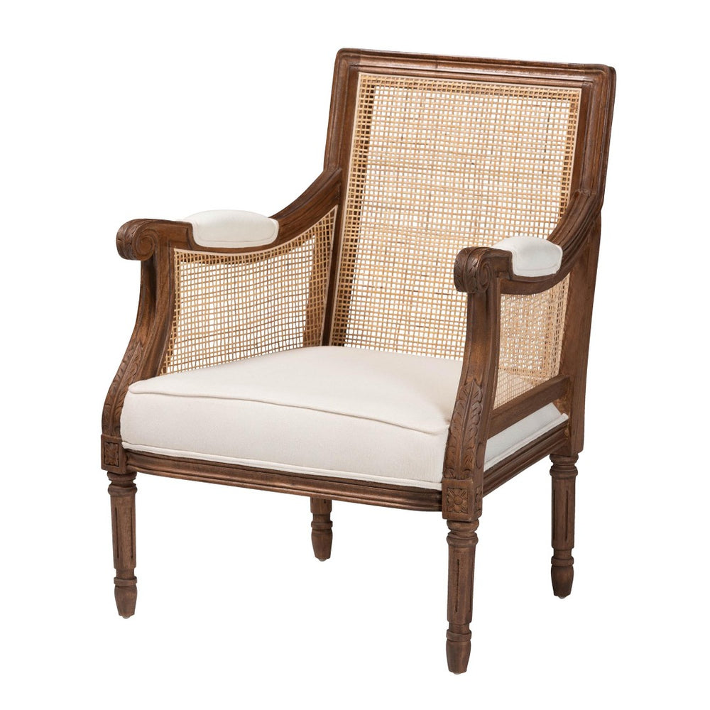 Baxton Studio bali Desmond Traditional French Accent Chair in Beige Fabric & Walnut Wood – Elegant Comfort & Style SEA687-Medium tone-NAT02/White-F00