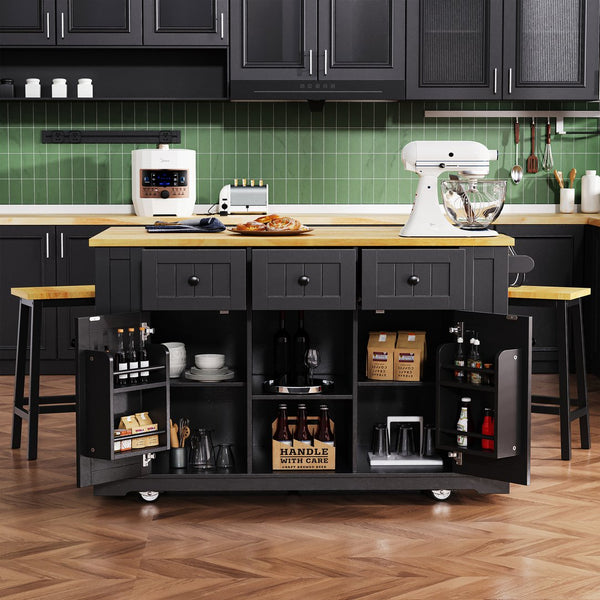 English Elm K&K 53" Large Kitchen Island with 2 Stools, Built-In Power Station, Wheels, Drop Leaf & Ample Storage Black N707S000007B