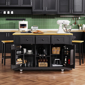 English Elm K&K 53Inch Large Kitchen Island With Drop Leaf, Power Outlet, Door Internal Storage Rack, Rolling Kitchen Cart On 5 Wheels With 5 Open Side Racks For Kitchen, Dining Room,Black(Not Include Bar Stools)