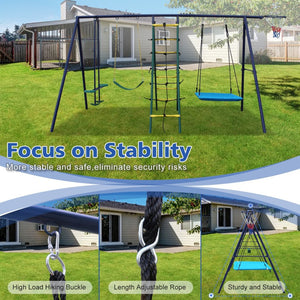 English Elm 6 Activity Steel A-frame Backyard Swing Set with Hammock Glider Climbing Net Hoop W1408P367264