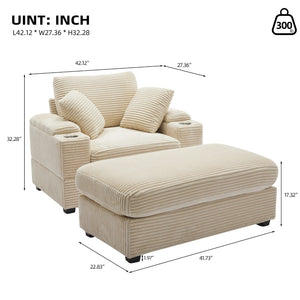 English Elm Corduroy Chaise Lounge Sofa With Movable Ottoman, Armrest Storage & Cupholders For Comfort W2120S00003-GIGA