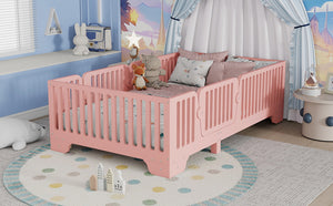 English Elm Twin Montessori Floor Bed with Safety Rails Hinged Door and Plywood Slats for Kids Pink W2593P381410