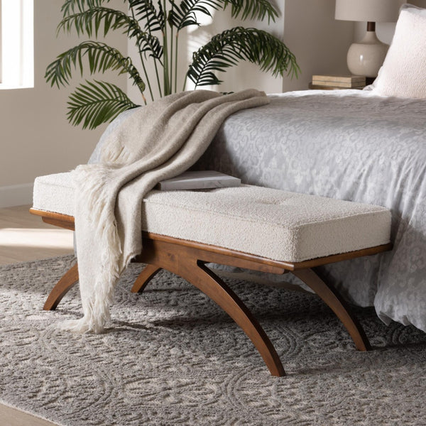 Baxton Studio Baxton Orella Japandi Bench: Cream Boucle Cushion & Walnut Brown Legs for Elegant Living Spaces BBT5473-Maya-Cream/Walnut-Bench