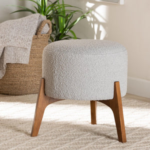 Baxton Studio Baxton Elkie Japandi Ottoman: Light Grey Boucle Footstool with Walnut Legs for Modern Interiors BBT5474-Maya-Sky Grey/Walnut-Foot Stool