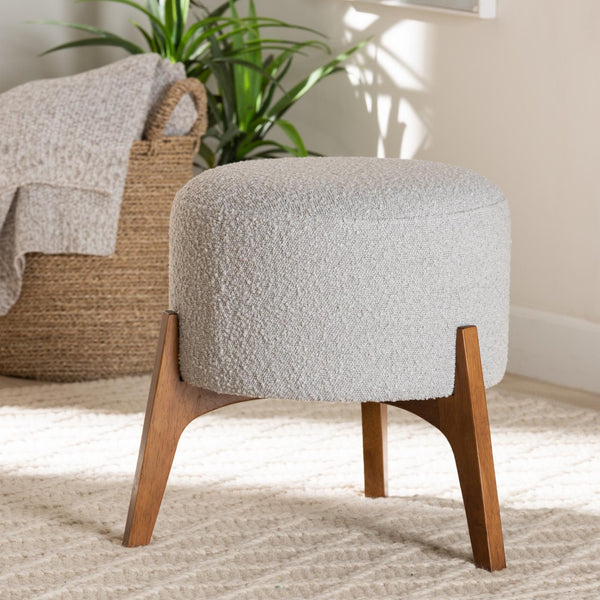 Baxton Studio Baxton Elkie Japandi Ottoman: Light Grey Boucle Footstool with Walnut Legs for Modern Interiors BBT5474-Maya-Sky Grey/Walnut-Foot Stool