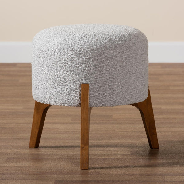 Baxton Studio Baxton Elkie Japandi Ottoman: Light Grey Boucle Footstool with Walnut Legs for Modern Interiors BBT5474-Maya-Sky Grey/Walnut-Foot Stool