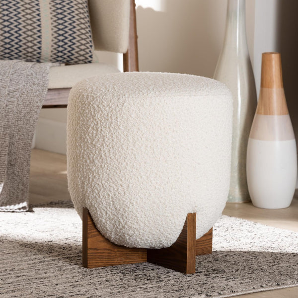 Baxton Studio Baxton Studio Fisk Cream Boucle Ottoman - Japandi Style Footstool with Walnut Cross Legs for Modern Homes BBT5475-Maya-Cream/Walnut-Foot Stool