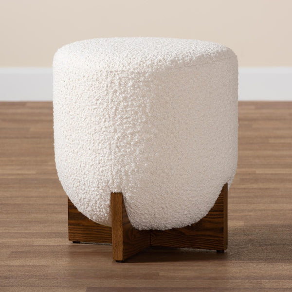 Baxton Studio Baxton Studio Fisk Cream Boucle Ottoman - Japandi Style Footstool with Walnut Cross Legs for Modern Homes BBT5475-Maya-Cream/Walnut-Foot Stool