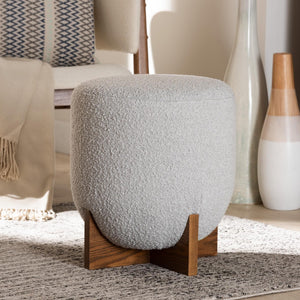 Baxton Studio Baxton Studio Compact Light Grey Boucle Ottoman with Walnut Crisscross Legs for Stylish Living Spaces BBT5475-Maya-Sky Grey/Walnut-Foot Stool