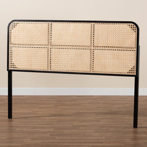 Baxton Studio bali Lainer Modern Bohemian Queen Headboard in Black Bayur Wood & Natural Bamboo - Adjustable Design LMZ12-Black/Natural Rattan-Headboard Queen