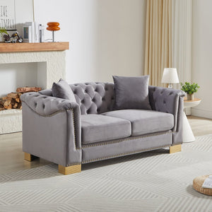 English Elm {video] Chesterfield Two-seater Velvet Sofa with Nailhead Trim and Tufted Gold Leg Luxury Grey W1926S00105