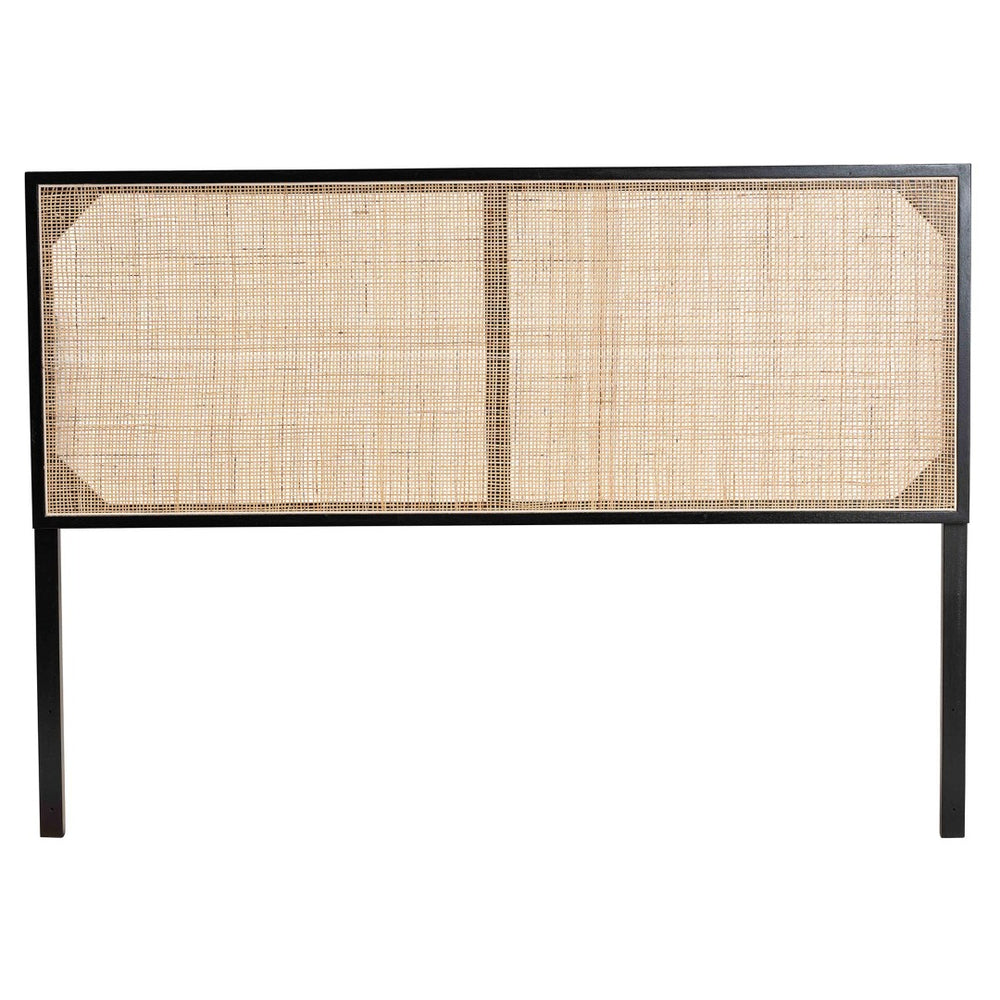 Baxton Studio bali Bali Aurelia Queen Size Headboard - Modern Bohemian Bayur Wood & Natural Rattan, Adjustable Height CPT10-Black/Natural Rattan-Headboard Queen