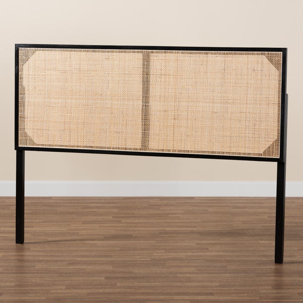 Baxton Studio bali Bali Aurelia Queen Size Headboard - Modern Bohemian Bayur Wood & Natural Rattan, Adjustable Height CPT10-Black/Natural Rattan-Headboard Queen