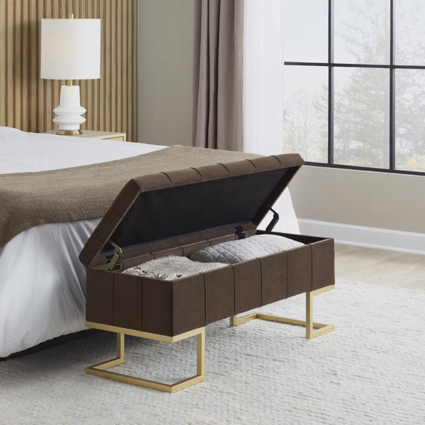 English Elm Storage Bench Button Tufted Velvet Seat Gold Steel Legs Glam Entryway Footboard B202P471511