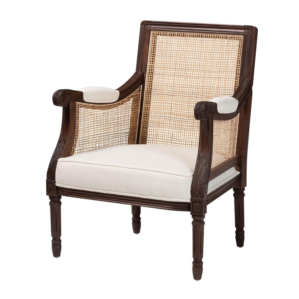 Baxton Studio bali Desmond Traditional French Accent Chair in Beige Fabric & Dark Brown Wood with Rattan Backrest SEA687-Dark wood-NAT03/White -F00
