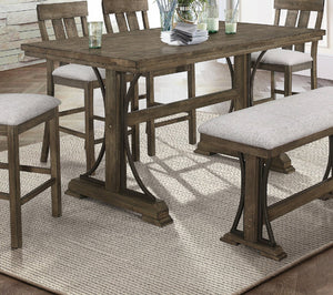 English Elm 1pc Light Brown Counter Height Trestle Table 71" x36" Industrial Curved Metal Accents Casual Dining Centerpiece B011S01087