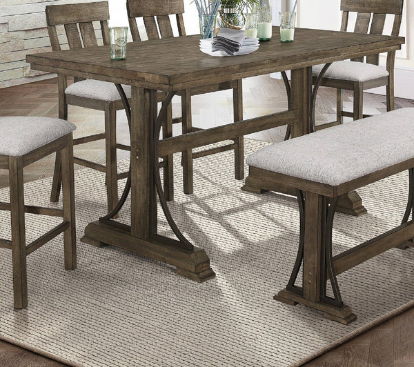 English Elm 1pc Light Brown Counter Height Trestle Table 71" x36" Industrial Curved Metal Accents Casual Dining Centerpiece B011S01087