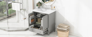 English Elm 30" Bathroom Vanity with Sink — Modern Freestanding 30" Cabinet with Ceramic Top, Drawer, Doors, Shelf Grey N725P221263E
