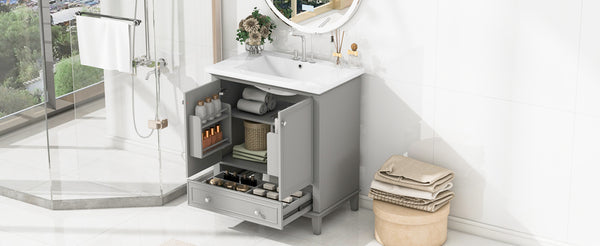 English Elm 30" Bathroom Vanity with Sink — Modern Freestanding 30" Cabinet with Ceramic Top, Drawer, Doors, Shelf Grey N725P221263E