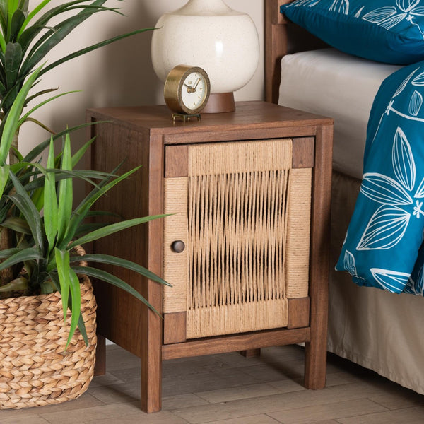 Baxton Studio bali Bali Holitz Modern Bohemian Walnut Brown Bayur Wood Nightstand with Woven Rope Accent Design Holtiz-Medium tone (NAT02)-Nightstand