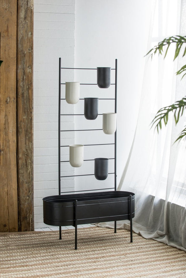 English Elm 32x14x60" Matte Black Iron Ladder Plant Stand with Bucket Planters for Indoor Outdoor W2078P499969
