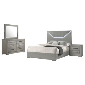 English Elm Pierce Queen Bedroom Set with Led Headboard Diamond Embossed High Gloss Finish Grey B062S01734