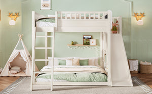 English Elm Queen Loft Bed with Upholstered Headboard Built-in Slide and Open Storage Shelves Beige W1580S00307
