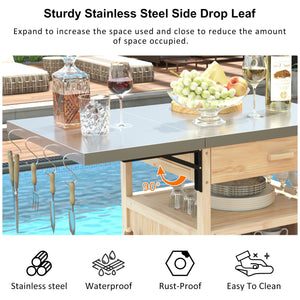 English Elm K&K 40.5" Outdoor Grill Cart with 201 Stainless Top, Solid Fir Storage, Drop Leaf & Lockable Wheels Natural N707P228272Y