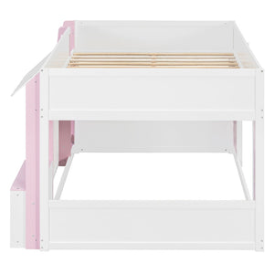 English Elm Twin House Loft Bed with Pull Out Rolling Desk Stair Drawers and Cabinet Storage N820S00074H