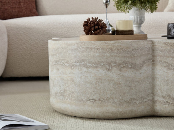 English Elm 31.5" Clover Round Faux Marble Coffee Table with Open Shelf for Modern Living W2664P462015