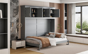 English Elm Queen Murphy Wall Bed with Storage Cabinets and Wine Rack for Small Space Living Gray LP000879AAE-1