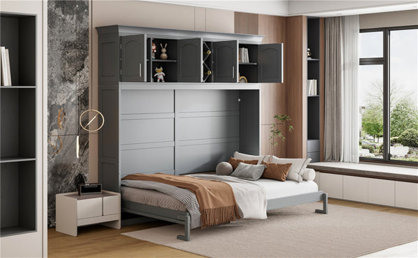 English Elm Queen Murphy Wall Bed with Storage Cabinets and Wine Rack for Small Space Living Gray LP000879AAE-1