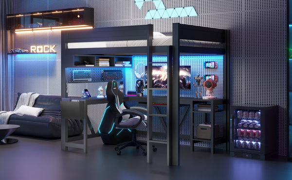 English Elm Wood Full Size Gaming Loft Bed With Integrated Desk, Charging Station & Led Lights - Black Finish N7090004022B-GIGA