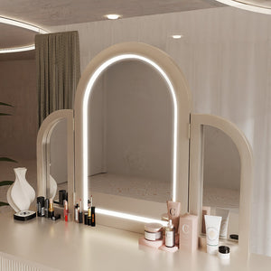 English Elm AGODY Mirrored Vanity with LED Light and Solid Rubber Wood Frame, Skin-Friendly PU Seat for Bedroom Champagne W2170P208424