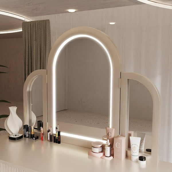 English Elm AGODY Mirrored Vanity with LED Light and Solid Rubber Wood Frame, Skin-Friendly PU Seat for Bedroom Champagne W2170P208424