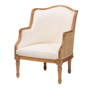 Baxton Studio bali Elizette French-Inspired Beige Fabric Accent Chair with Honey Oak Wood & Rustic Rattan Details SEA689-Light wood-NAT01/White-F00