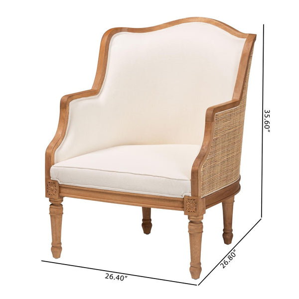 Baxton Studio bali Elizette French-Inspired Beige Fabric Accent Chair with Honey Oak Wood & Rustic Rattan Details SEA689-Light wood-NAT01/White-F00