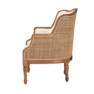 Baxton Studio bali Elizette French-Inspired Beige Fabric Accent Chair with Honey Oak Wood & Rustic Rattan Details SEA689-Light wood-NAT01/White-F00